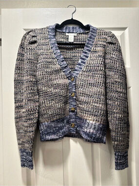 Design History Lavender Blue Puff Shoulder V-neck Button Cardigan Medium